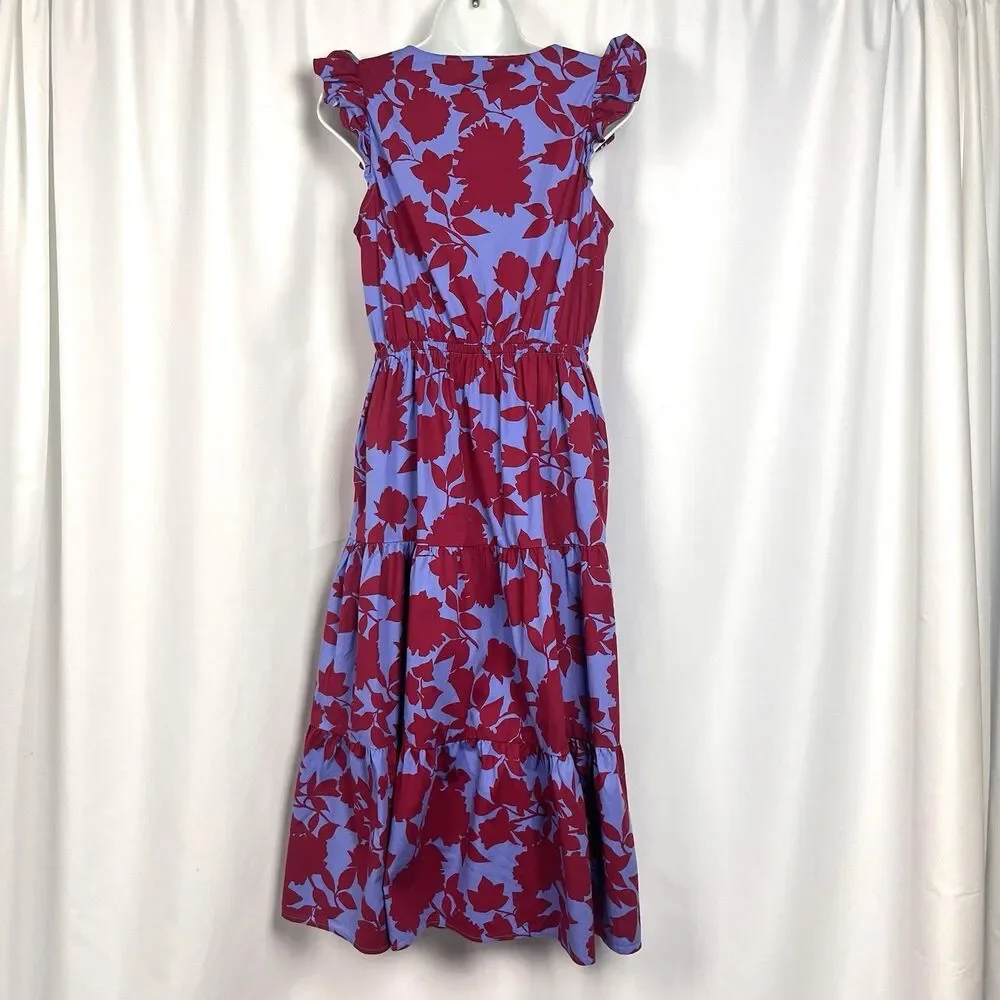 J.Crew Dress Size 4 Purple Red Floral Midi Ruffle Sleeve Cotton Tiered Casual